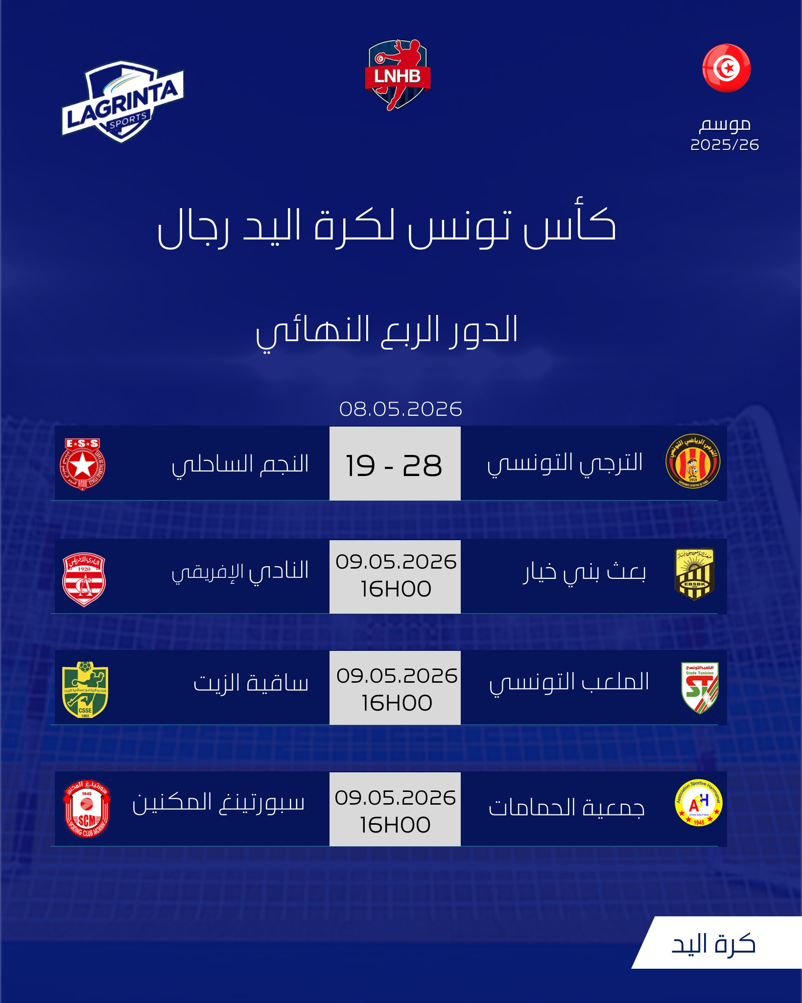 HANDBALL COUPE DE TUNISIE. PROGRAMME 1.4 DE FINALE